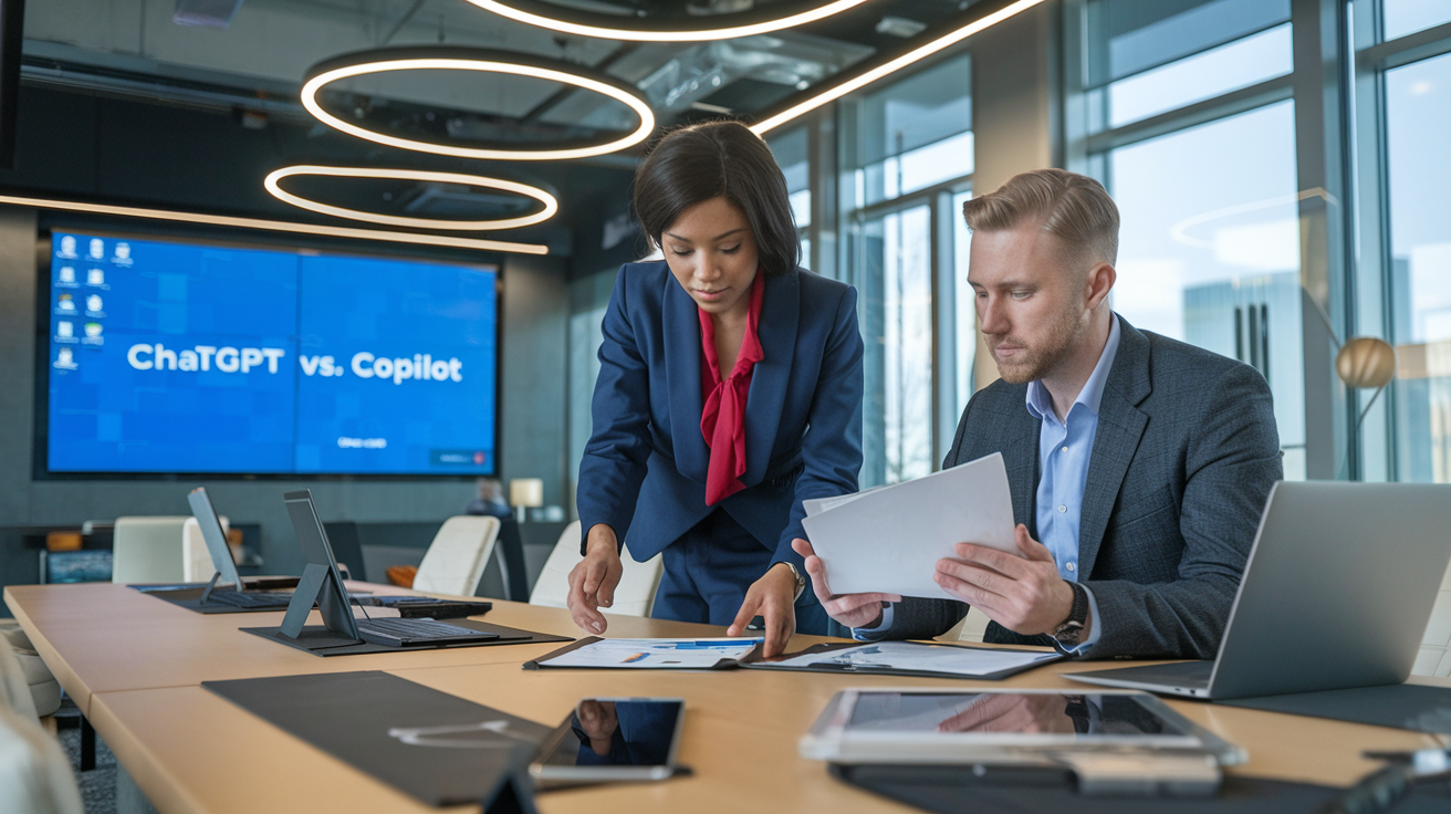 Create a realistic image of a professional black female executive and white male executive comparing strategy documents at a modern, well-lit conference table with "ChatGPT vs Copilot" displayed on a digital screen in the background, surrounded by enterprise technology elements like laptops and tablets, conveying a strategic decision-making atmosphere.