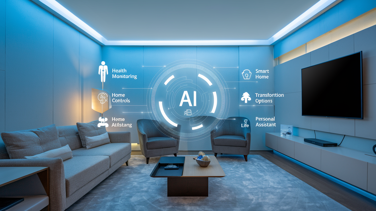 Create a realistic image of a modern living room where AI technology seamlessly integrates with daily life, showing a holographic interface hovering in the center displaying various AI innovations including health monitoring, smart home controls, transportation options, and personal assistant features, with soft blue lighting creating a futuristic yet comfortable atmosphere, and the text "AI Transforming Daily Life" appearing subtly in the corner.