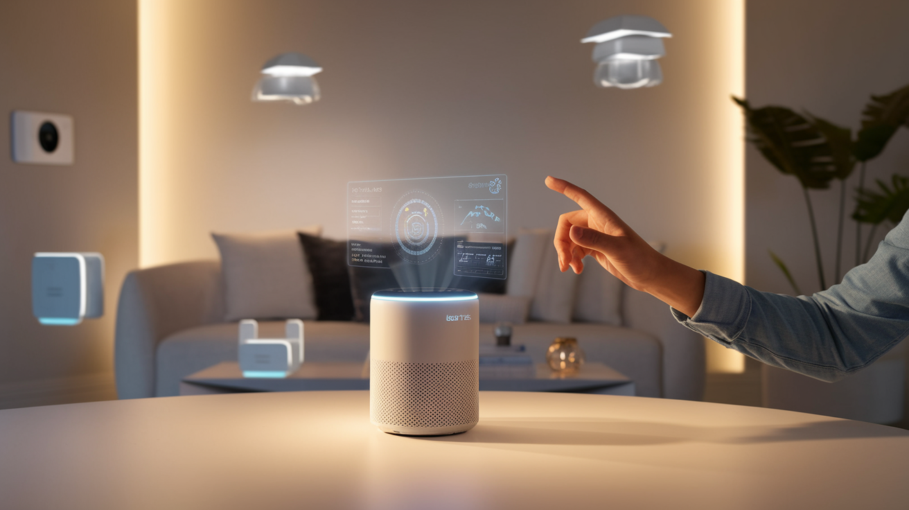 Create a realistic image of a modern living room with a sleek, next-generation smart home assistant device with a glowing holographic display projecting information, while a person's hand is seen making gesture controls in mid-air rather than speaking, surrounded by subtly connected IoT devices like smart lighting, thermostats, and security cameras, with soft ambient lighting creating a futuristic yet homey atmosphere.