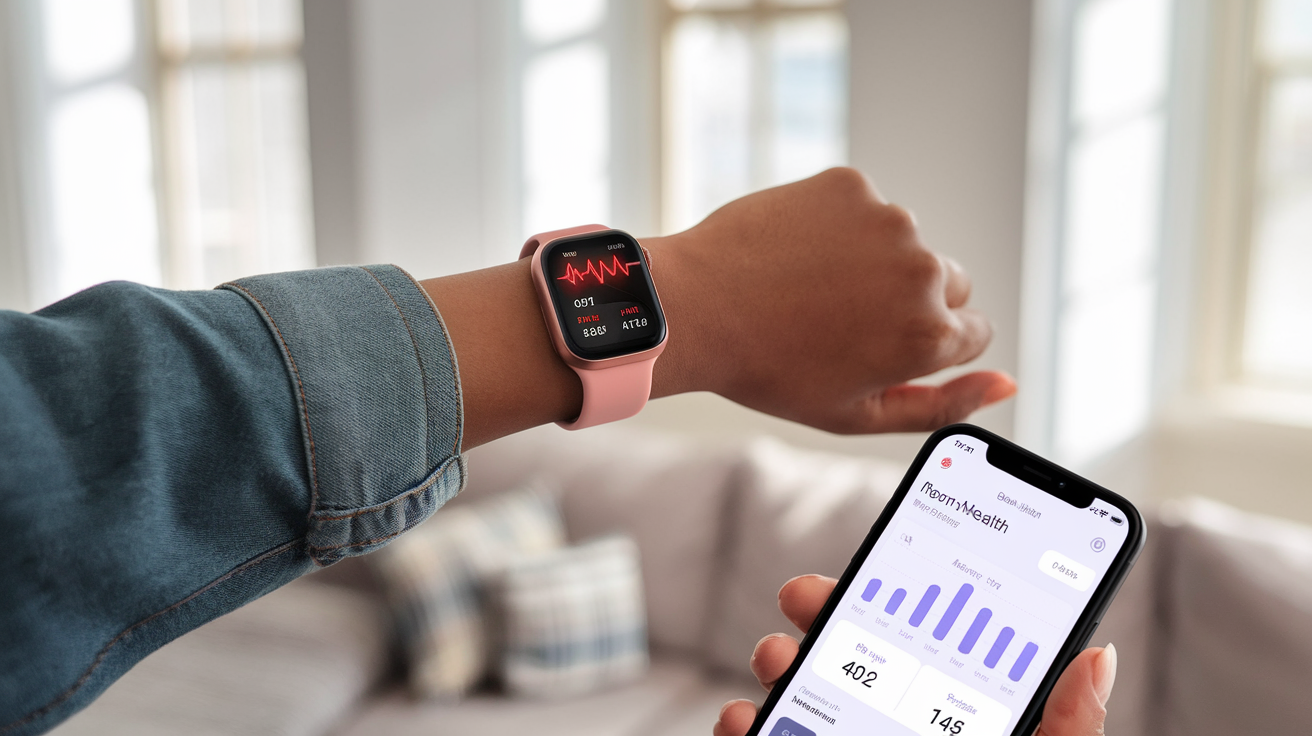 Create a realistic image of a sleek, modern smartwatch with health monitoring capabilities displaying heart rate, blood pressure, and sleep metrics on its screen, worn by a black female with a casual outfit, in a bright living room setting with soft natural light streaming through windows, a smartphone nearby showing the companion health app with AI analysis of the collected data.