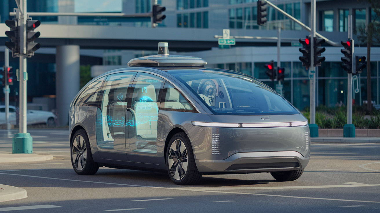 Create a realistic image of a sleek, autonomous electric vehicle with visible AI sensors and cameras navigating a modern city street, with holographic route displays inside, surrounded by smart traffic lights and intelligently synchronized traffic flow, under bright daylight illuminating the high-tech transportation ecosystem.