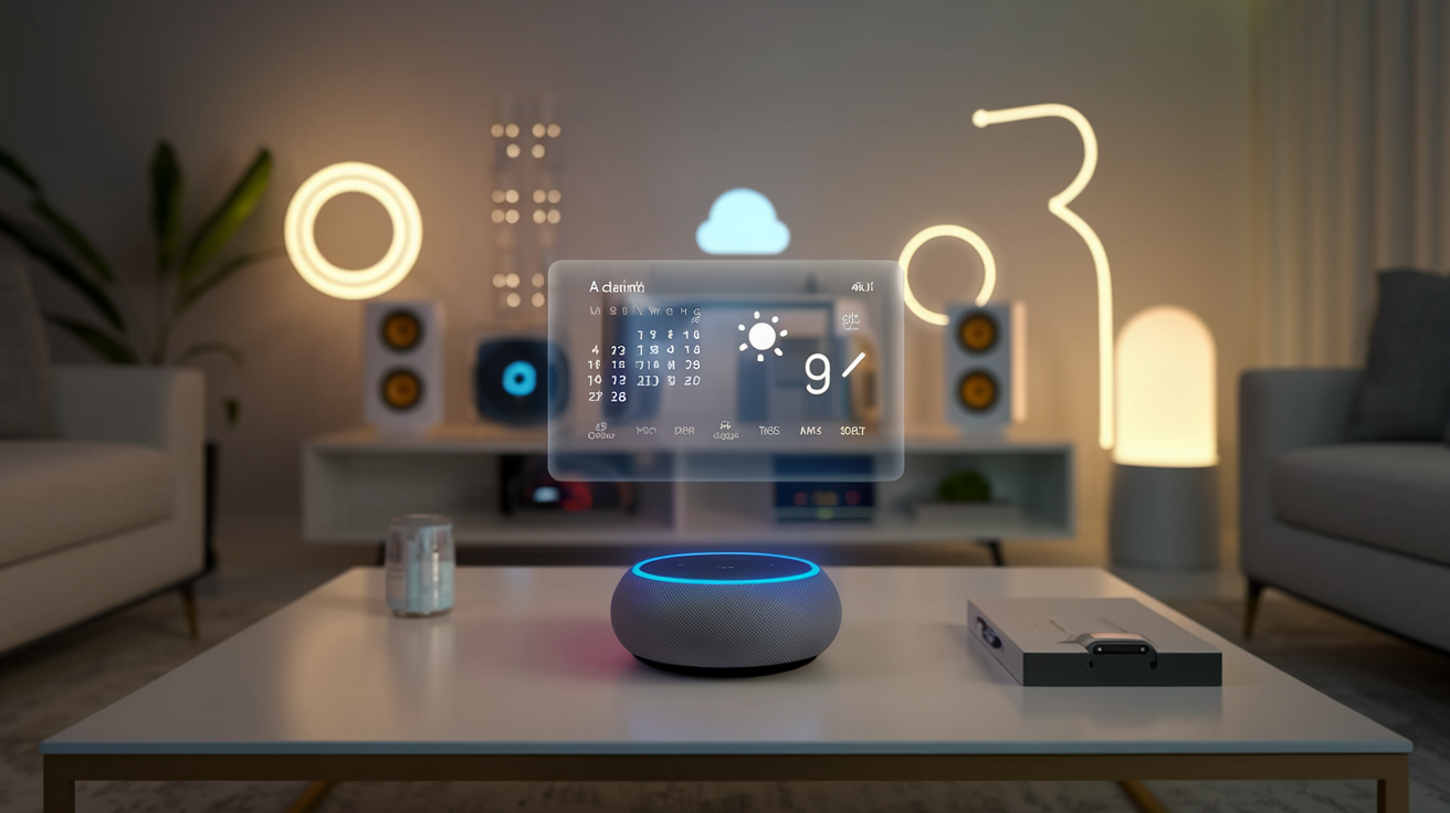 Create a realistic image of a modern living room where a sleek AI assistant device (not a smartphone) sits on a coffee table, with holographic displays showing calendar, weather, and home controls floating above it, while a diverse array of smart home devices (speakers, lights, thermostat) glow subtly in the background, creating a futuristic yet homey atmosphere with soft ambient lighting.