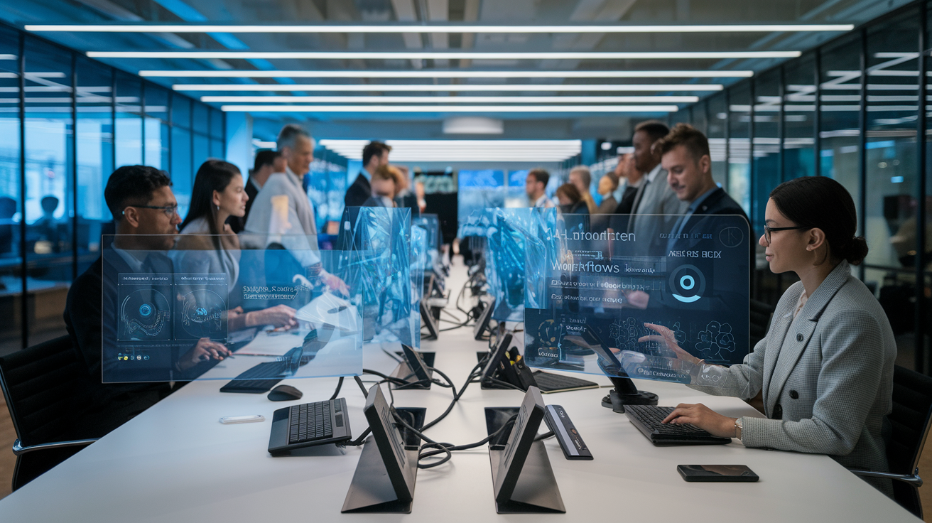 Create a realistic image of a modern office space where a diverse team (including Black female, Asian male, and White female professionals) interact with AI tools displayed on transparent screens, showing data visualization and automated workflows, with subtle blue lighting highlighting the technology, clean minimal desk setup with smart devices, and a productive yet relaxed atmosphere that illustrates workplace efficiency.