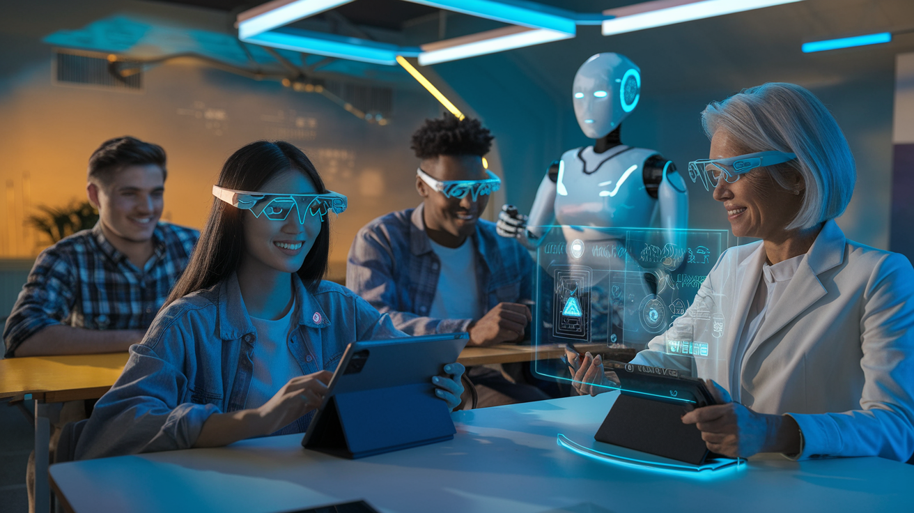 Create a realistic image of a diverse classroom setting where an AI-powered holographic display shows interactive learning materials, with students of different ages (Asian female teenager, Black male young adult, White female middle-aged professional) using tablets and AR glasses to access personalized content, while a robotic teaching assistant helps a student in the background, all bathed in warm, futuristic blue lighting that highlights the blend of technology and education in a modern learning environment.