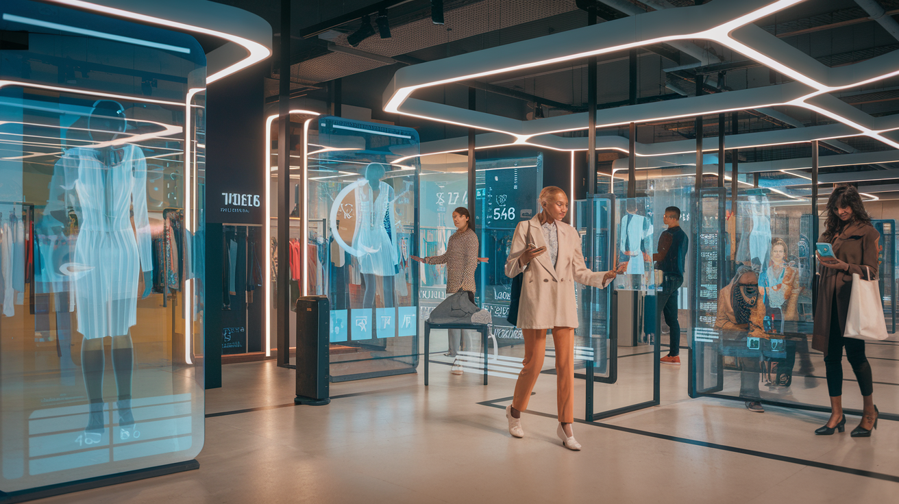 Create a realistic image of a futuristic retail environment with digital smart mirrors showing virtual clothing try-ons, AI shopping assistants helping customers, seamless checkout stations without cashiers, personalized product recommendations appearing on transparent displays, and shoppers of diverse races and genders using mobile devices to enhance their in-store experience, all illuminated by soft ambient lighting creating a modern, tech-forward atmosphere.