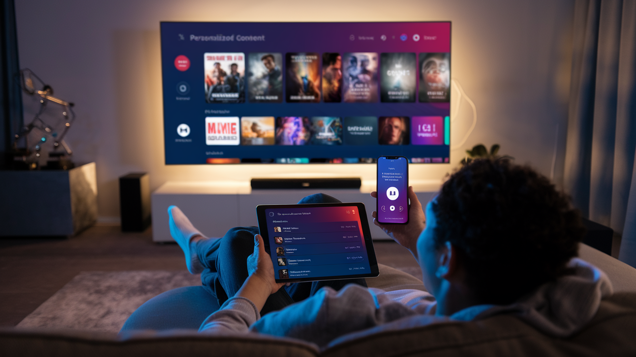 Create a realistic image of a person relaxing on a couch in a modern living room, their face illuminated by the soft glow of a large smart TV displaying a personalized content dashboard with movie and music recommendations, while a tablet on their lap shows streaming options, and a smartphone nearby displays a notification about a new AI-curated playlist, all surrounded by soft ambient lighting that creates a cozy atmosphere.