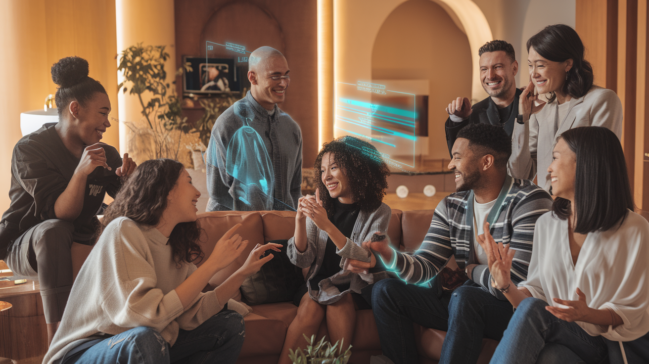 Create a realistic image of diverse people (Black, Asian, White males and females) connecting through AI devices, showing a group gathering where some are physically present while others appear as high-quality holograms or on screens, with subtle blue digital connection lines between them, in a modern, well-lit living room with warm tones, displaying emotion and engagement as they interact despite physical distances.