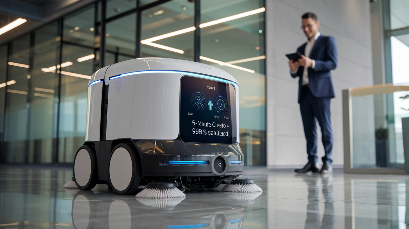 Create a realistic image of a sleek, modern Janitor AI robot with multiple cleaning attachments efficiently cleaning a high-tech commercial office space, with visible sensors scanning for dirt and spills, a digital display showing "5-Minute Clean Complete - 99.8% Sanitized," and a small human supervisor in business attire looking impressed while checking performance metrics on a tablet.