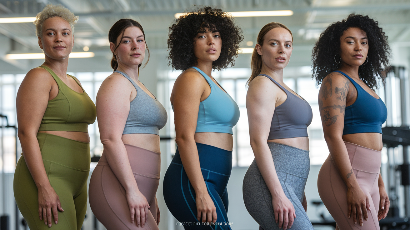 Create a realistic image of a diverse group of five women with different body types (apple, pear, hourglass, rectangle, and inverted triangle) standing in a row, each wearing flattering workout clothes that complement their specific figure, against a bright gym background with fitness equipment visible, with soft lighting highlighting the technical fabric details, and the text "Perfect Fit for Every Body" appearing subtly at the bottom.