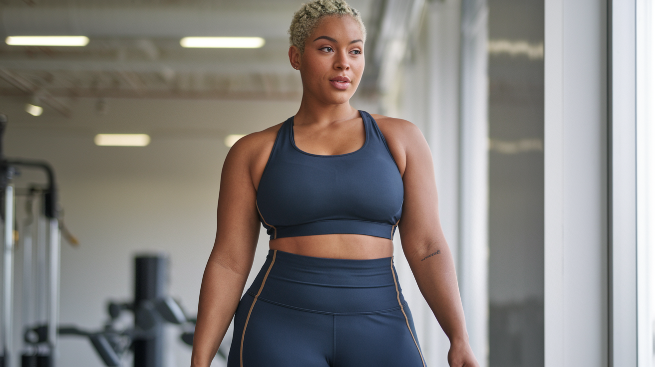 Create a realistic image of a curvy Black female with an apple-shaped body confidently wearing flattering workout clothes - high-waisted compression leggings, a supportive sports bra, and a slightly loose moisture-wicking tank top in complementary dark colors, standing in a bright gym setting with exercise equipment visible in the background.