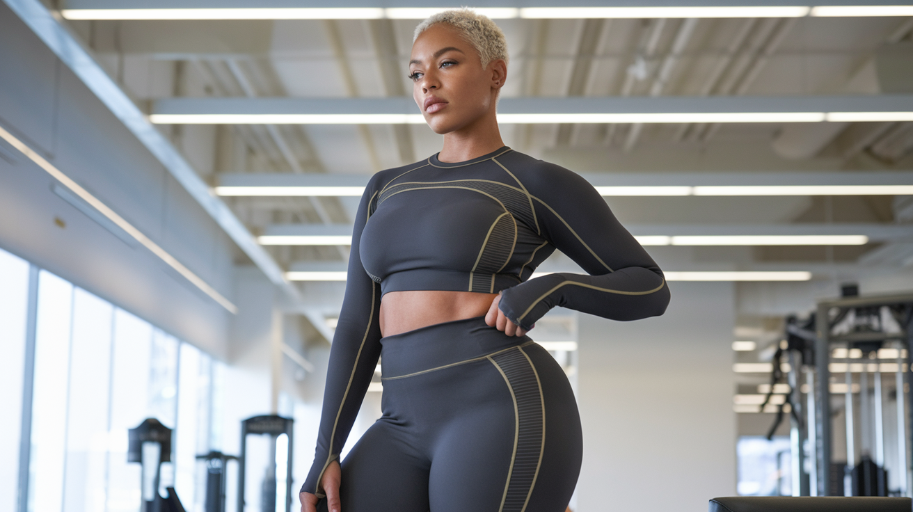 Create a realistic image of a black female model with a pear-shaped body type wearing flattering workout clothes that highlight her best features - fitted top with supportive sports bra and A-line or flared workout pants that balance her silhouette, standing in a bright, modern gym setting with workout equipment in the background, demonstrating a confident pose that showcases how the right athletic wear enhances her proportions.