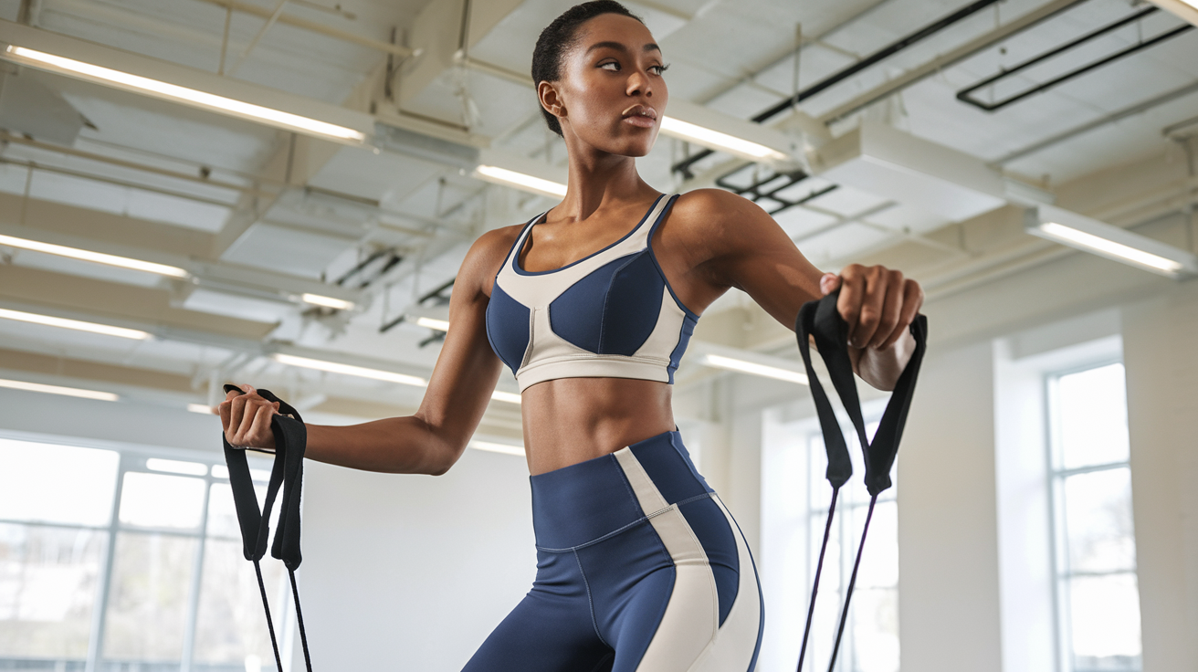 Create a realistic image of a slender, athletic black female model with a rectangle body type wearing well-fitted workout clothes that enhance definition, standing in a bright fitness studio, demonstrating exercises with resistance bands, wearing color-blocked leggings and a structured sports bra that creates visual curves, showing confidence and strength in her posture.