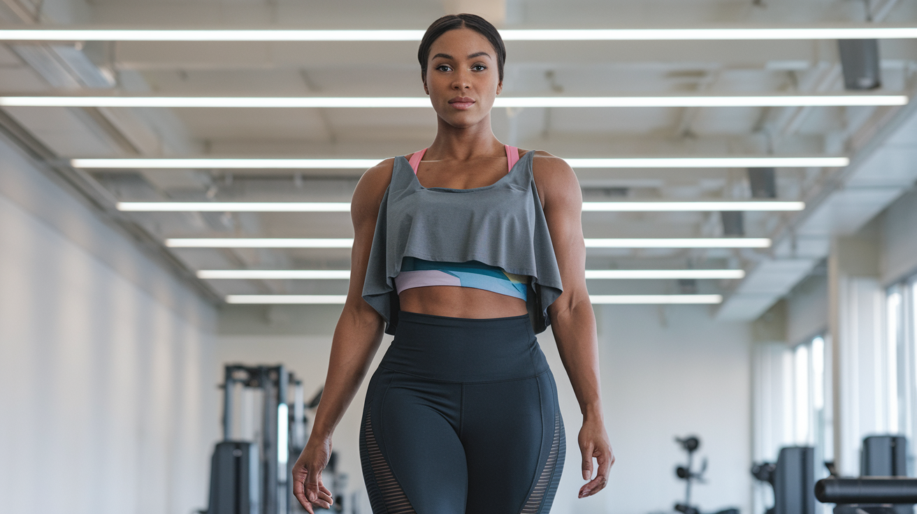 Create a realistic image of a Black female with an inverted triangle body shape (broader shoulders, narrower hips) wearing fitted workout clothes that flatter her physique, including dark leggings with side details and a colorful sports bra layered under a loose-fitting tank top, standing confidently in a bright, modern gym with exercise equipment visible in the background.