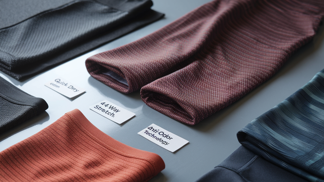 Create a realistic image of various workout fabrics displaying technical features, with close-up textures of moisture-wicking, compression, and breathable materials in vibrant colors, alongside small information tags highlighting performance benefits like "quick-dry," "4-way stretch," and "anti-odor technology," arranged on a clean, white surface with professional studio lighting.