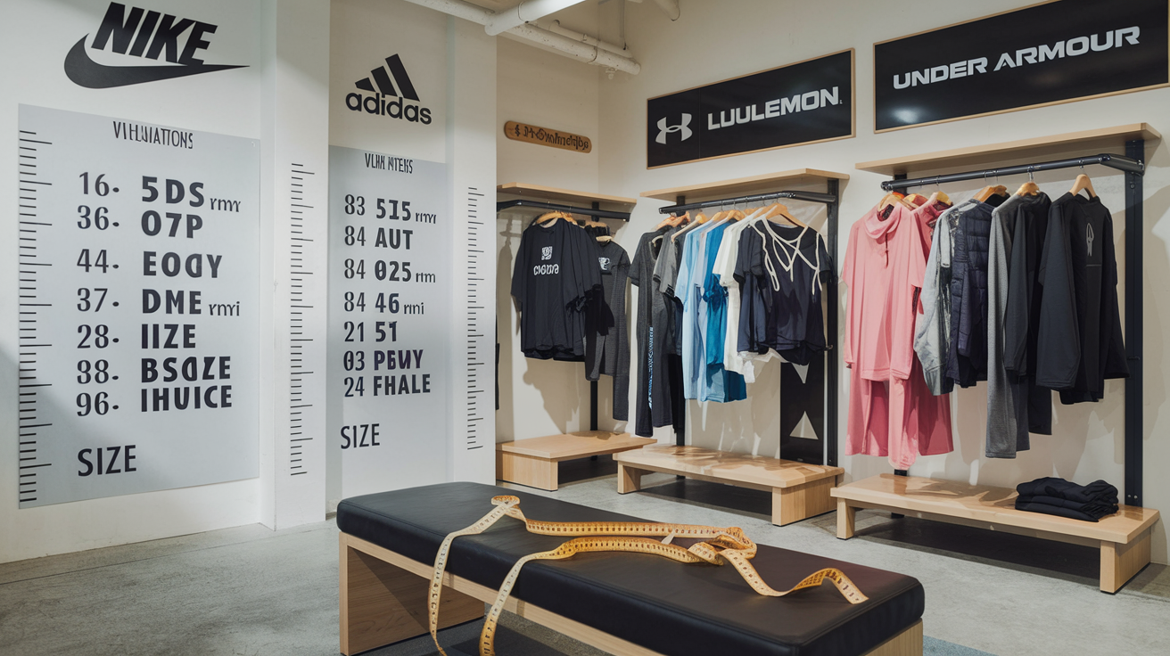 Create a realistic image of a clothing store fitting room area with measurement charts and size comparison guides displayed on the walls, showing size variations across Nike, Adidas, Lululemon, and Under Armour brands, with clothing racks featuring workout attire in multiple sizes, and a measuring tape prominently draped across a bench in the foreground.
