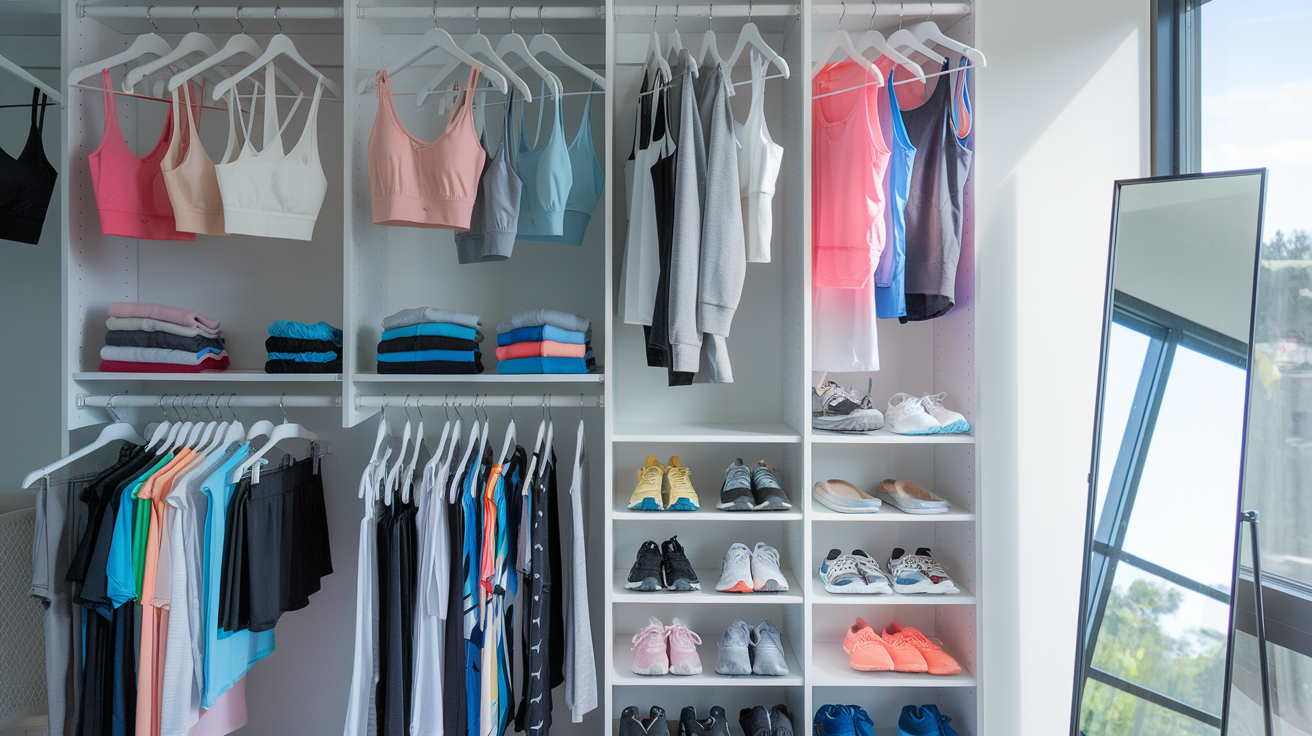 Create a realistic image of a clean, well-organized closet with diverse workout clothing items neatly arranged - sports bras, leggings, shorts, tank tops, and supportive shoes in various colors, showcasing versatility for different exercise activities, with a full-length mirror reflecting natural light from a nearby window.