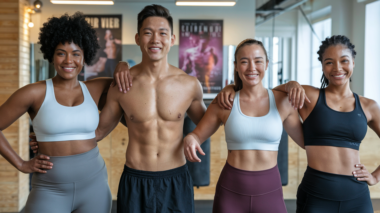 Create a realistic image of diverse people of different body types (including a Black female, an Asian male, and a white female) standing confidently in a well-lit fitness studio, all wearing flattering workout attire that suits their physiques, smiling and looking satisfied after a workout, with motivational fitness posters visible in the background.