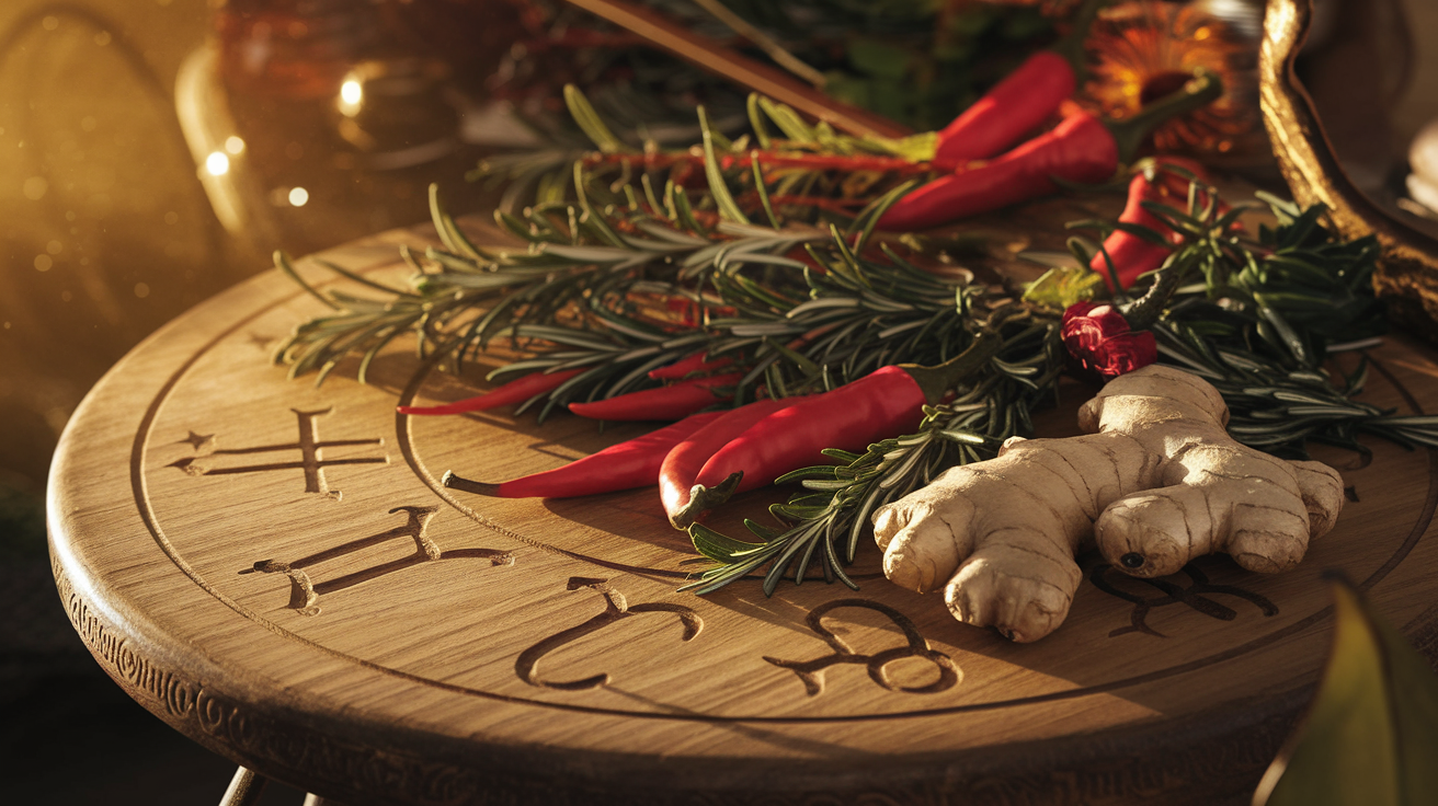 Create a realistic image of a vibrant arrangement of herbs and plants associated with fire signs, including fiery red cayenne peppers, rosemary sprigs, and ginger root, displayed on a rustic wooden table with zodiac symbols for Aries, Leo, and Sagittarius subtly carved into the wood, all illuminated by warm, golden sunlight creating a mystical atmosphere.