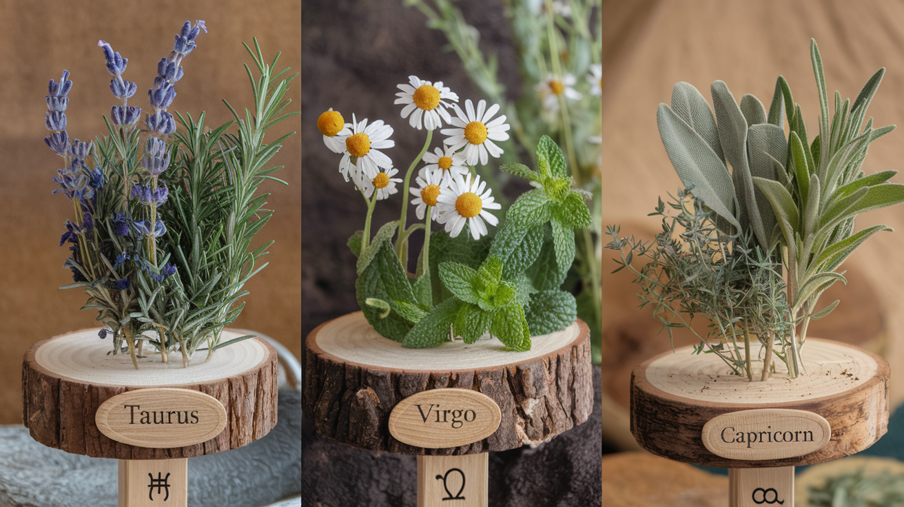 Create a realistic image of three distinct herbal displays on wooden stands representing Earth signs - lavender and rosemary for Taurus, chamomile and mint for Virgo, and sage and thyme for Capricorn - arranged against an earthy background with soft, natural lighting and astrological symbols subtly carved into each wooden stand, conveying a grounding, stable energy associated with Earth signs.