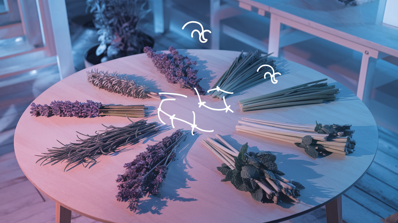 Create a realistic image of a serene indoor space with a wooden table displaying an array of cerebral herbs like rosemary, lavender, lemongrass, and mint arranged in a circular zodiac pattern, with three small air symbols (wind-like swirls) hovering above the herbs, all bathed in soft blue and purple lighting that creates an ethereal, intellectual atmosphere.