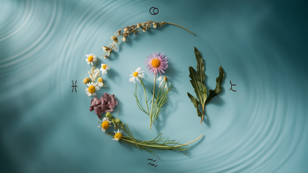 Create a realistic image of three different herbal plants (chamomile, passionflower, and seaweed) arranged in a crescent moon shape on a serene blue backdrop with water ripples, surrounded by subtle astrological symbols for Cancer, Scorpio, and Pisces, with soft, ethereal lighting creating a calming, emotional atmosphere.