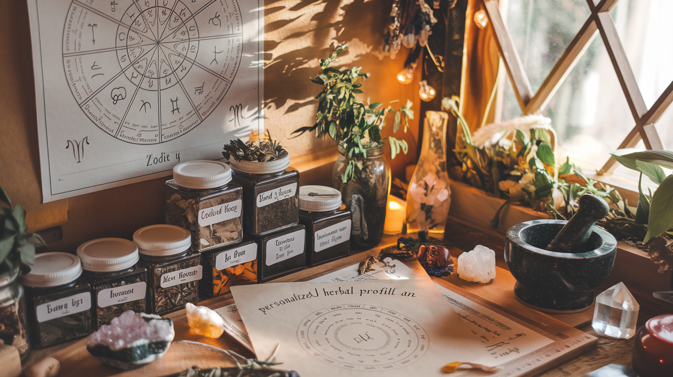 Create a realistic image of a cozy herbalism workspace with a zodiac wheel chart hanging on the wall, various labeled herb jars organized by astrological sign, a personalized herbal profile template on parchment paper, and a small mortar and pestle surrounded by fresh herbs and crystals, all bathed in warm, natural lighting filtering through a nearby window.