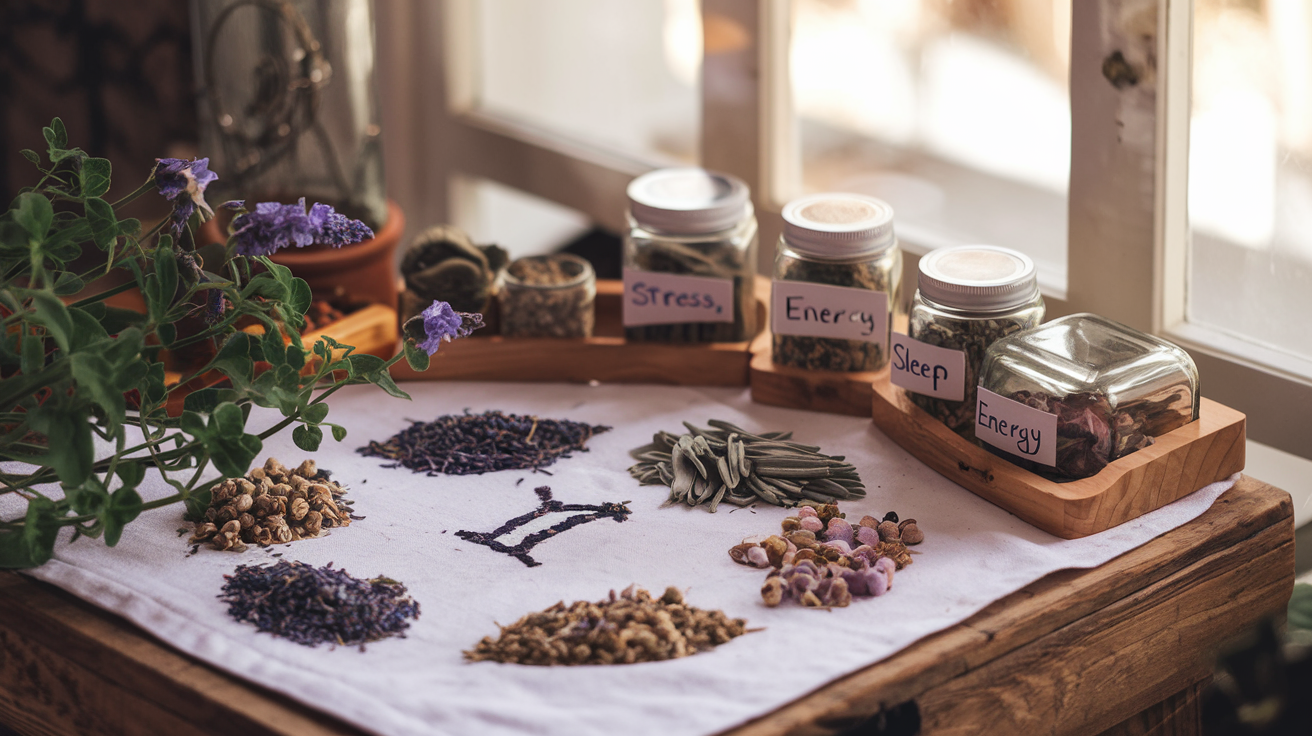 Create a realistic image of a rustic wooden table displaying various healing herbs like lavender, chamomile, and sage arranged in the pattern of zodiac symbols, with glass jars of herbal remedies labeled for different concerns (stress, sleep, energy), soft natural lighting streaming through a window, creating a mystical yet practical atmosphere for holistic healing.