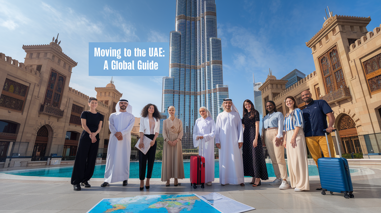 Create a realistic image of a diverse group of expatriates standing in front of the iconic Burj Khalifa in Dubai, with traditional Arabic architecture visible in the background. The group includes men and women of various ethnicities dressed in a mix of Western and modest Middle Eastern attire. A suitcase and map are visible in the foreground, symbolizing travel and relocation. The sky is clear and sunny, showcasing the UAE's warm climate. Text overlay reads "Moving to the UAE: A Global Guide".