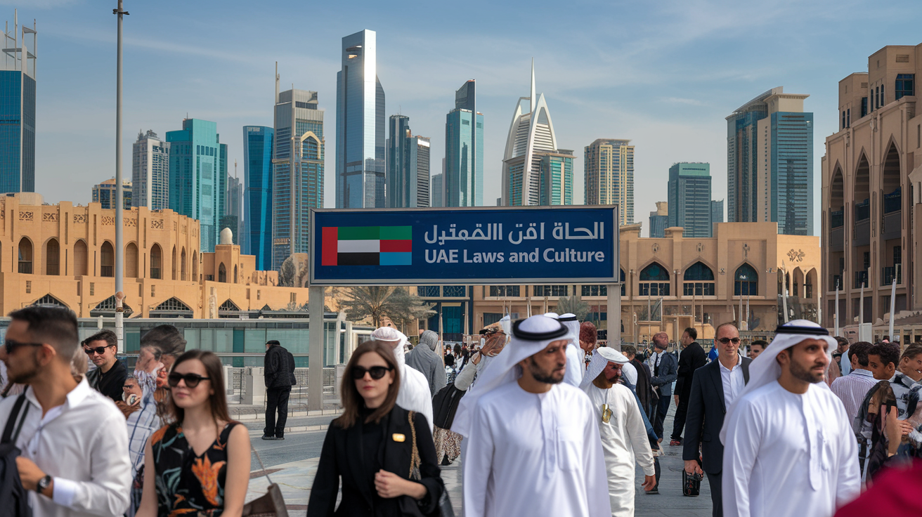 Create a realistic image of a modern city skyline in Dubai with traditional Islamic architecture visible, featuring a diverse group of people including white and Middle Eastern men and women in both Western and traditional Emirati attire, walking on a bustling street, with a prominent sign in Arabic and English displaying "UAE Laws and Culture" in the foreground.