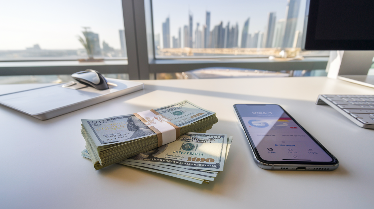 Create a realistic image of a stack of UAE dirhams and US dollars alongside a smartphone displaying a currency exchange app, with a Dubai skyline visible through a window in the background, all set on a modern office desk with soft natural lighting.