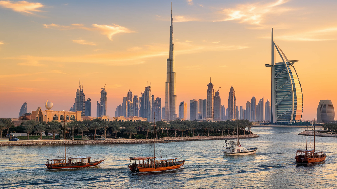 Create a realistic image of a panoramic view of Dubai's skyline featuring iconic landmarks like the Burj Khalifa, Palm Jumeirah, and Burj Al Arab, with traditional dhows sailing in the foreground on the Dubai Creek, under a warm sunset sky, showcasing the blend of modern architecture and traditional elements in the UAE.