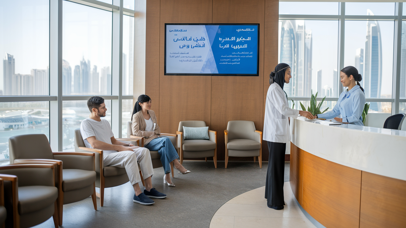 Create a realistic image of a modern hospital waiting room in Dubai, with a mix of Emirati and expatriate patients, including a white male and an Asian female in Western attire, sitting on comfortable chairs. A digital screen displays information in both Arabic and English, while a friendly Emirati female receptionist assists a patient at the front desk. The room has large windows with a view of Dubai's skyline, emphasizing the blend of traditional and modern healthcare services available to expatriates in the UAE.