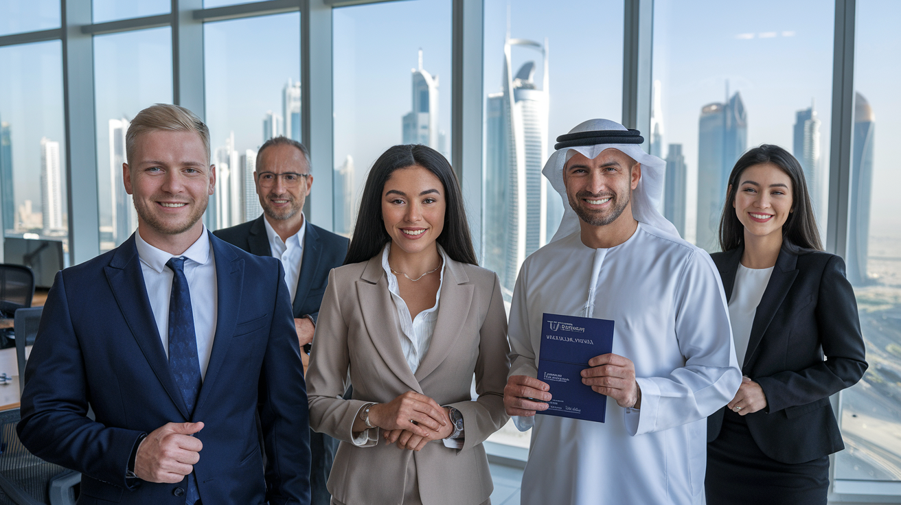 Create a realistic image of a diverse group of professionals, including a white male, black female, and Middle Eastern male, dressed in business attire, standing in a modern office with floor-to-ceiling windows overlooking the Dubai skyline, with one person holding a UAE work visa document, emphasizing employment opportunities in the UAE.