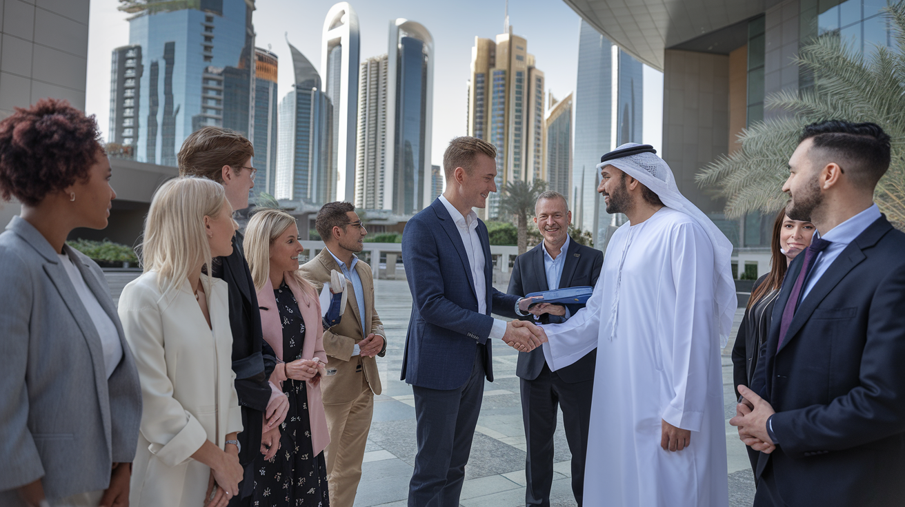 Create a realistic image of a diverse group of people standing in front of a government building in Dubai, with a white male in Western attire handing documents to an Emirati official, surrounded by modern skyscrapers and palm trees, conveying a sense of integration and bureaucratic processes in the UAE.