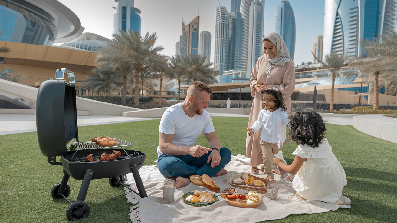 Create a realistic image of a diverse family (white father, Arab mother, mixed-race children) enjoying a picnic in a modern Dubai park, with futuristic skyscrapers visible in the background, palm trees lining the park, and traditional Arabic food spread on a blanket, capturing the blend of cultures and family-friendly atmosphere in the UAE.