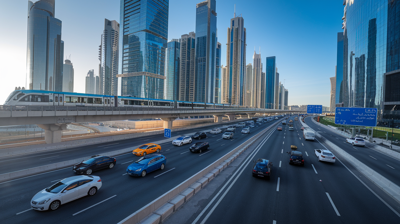 Create a realistic image of a modern highway in Dubai with sleek skyscrapers in the background, featuring a mix of luxury cars and traditional taxis in traffic, a metro train passing on an elevated track, and road signs in both Arabic and English, under a clear blue sky with intense sunlight reflecting off glass buildings.