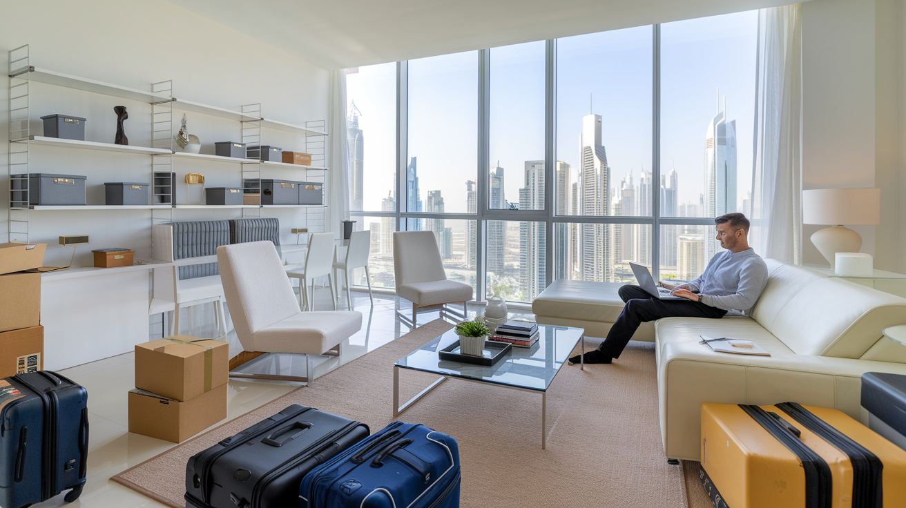 Create a realistic image of a well-organized living room in a modern Dubai apartment, with a white male expat in his 30s sitting on a couch, surrounded by open boxes and suitcases, using a laptop, with a notepad and pen nearby, and a view of the Dubai skyline through a large window, depicting a scene of settling into a new home in the UAE.