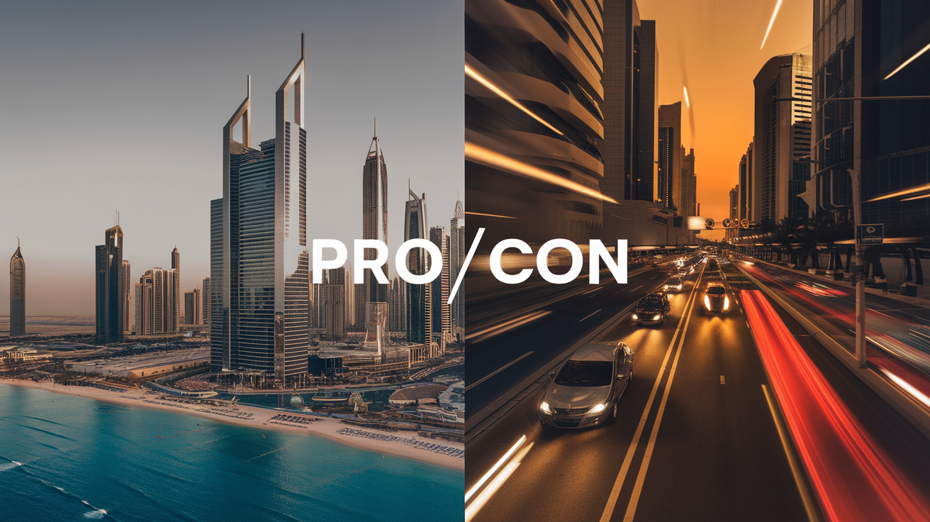 Create a realistic image of a split-screen composition showing two contrasting scenes of life in the UAE: on the left, a modern Dubai skyline with luxurious skyscrapers and a pristine beach, representing prosperity; on the right, a congested street with heavy traffic and intense heat waves visible, symbolizing challenges, with a large pro/con list overlay in the center of the image.