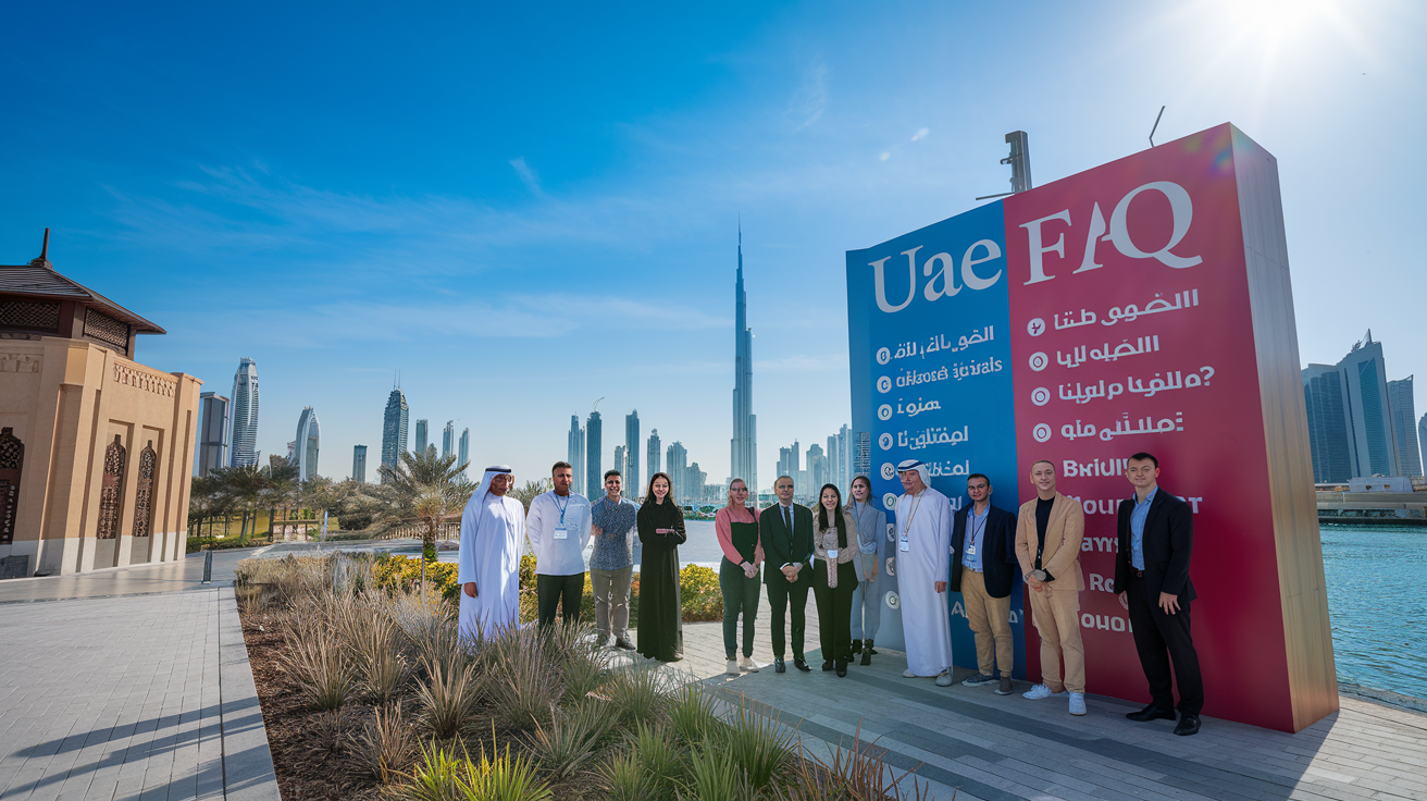 Create a realistic image of a diverse group of people looking at a large FAQ board with UAE-related questions, set against a background of Dubai's skyline featuring the Burj Khalifa, with a mix of traditional Arabic architecture and modern skyscrapers visible, under a clear blue sky with bright sunlight.