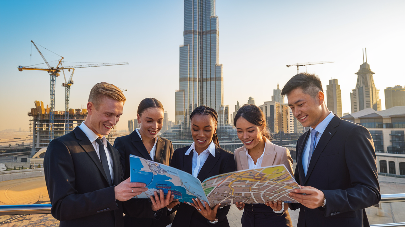 Create a realistic image of a modern Dubai skyline with iconic buildings like Burj Khalifa, featuring a diverse group of people (white male, black female, Asian male) in business attire looking at a city map, with desert landscape and construction cranes in the background, symbolizing growth and challenges, under warm golden sunlight.