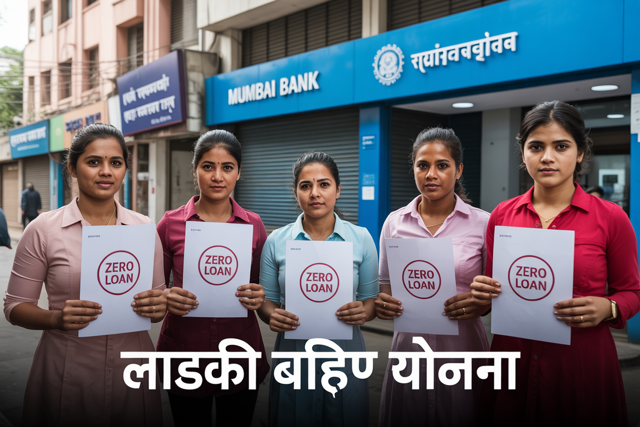 Create a realistic image of a group of Indian women entrepreneurs in Mumbai receiving loan documents with "Zero Interest Loan" stamp, showing a Mumbai Bank branch, with Maharashtra government logo visible, and text overlay "लाडकी बहिण योजना" (Ladki Bahin Scheme), depicting financial empowerment and business opportunities.