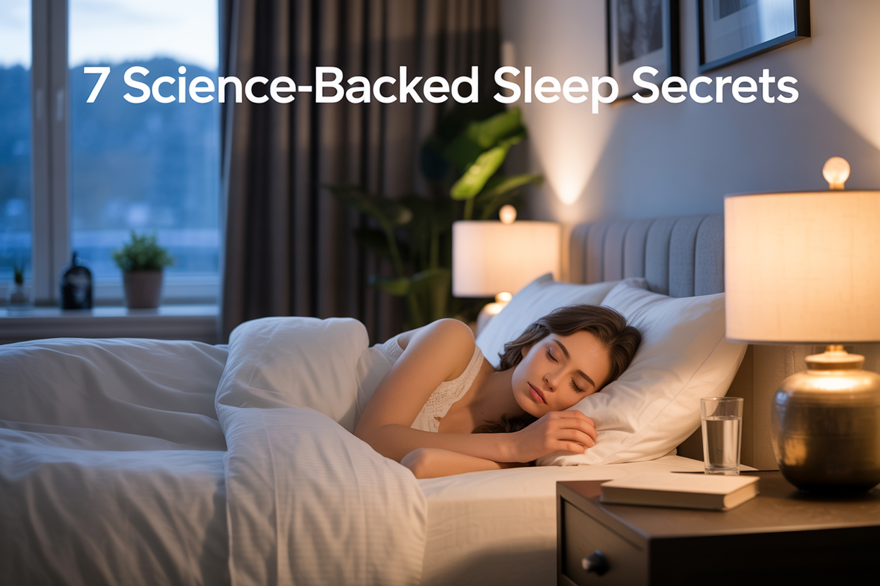 Create a realistic image of a serene bedroom scene with soft, warm lighting from bedside lamps, featuring a comfortable bed with crisp white linens, a peaceful sleeping white female with dark hair, a bedside table with a glass of water and a book, blackout curtains, and a small potted plant, with gentle moonlight filtering through a window, creating a calm and restful atmosphere, with the text "7 Science-Backed Sleep Secrets" elegantly overlaid in the upper portion of the image in clean, readable font.