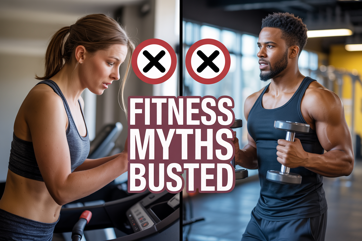 Create a realistic image of a split-screen composition showing common fitness myths versus reality: on the left side, a stressed white female doing excessive daily cardio on a treadmill looking exhausted, and on the right side, a confident black male doing strength training with moderate weights in a well-lit gym, with crossed-out myth symbols (X marks) floating between them, bright motivational gym lighting, and bold text overlay reading "FITNESS MYTHS BUSTED" in red and white letters across the center of the image.