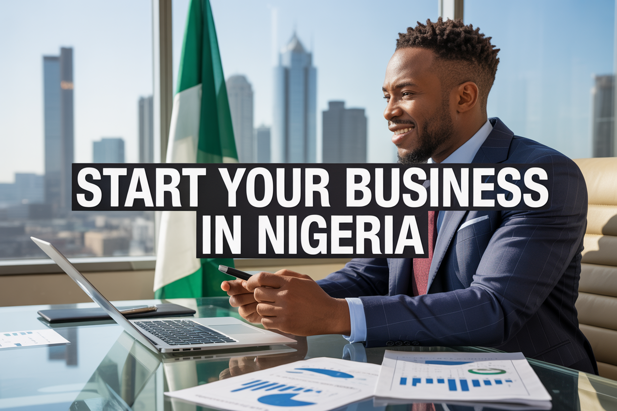 Create a realistic image of a professional black male entrepreneur in a business suit sitting at a modern desk with a laptop, Nigerian flag visible in the background, skyscrapers of Lagos cityscape through a window, documents and charts spread on the desk, bright natural lighting creating an optimistic mood, with bold text overlay reading "START YOUR BUSINESS IN NIGERIA" positioned prominently across the image.