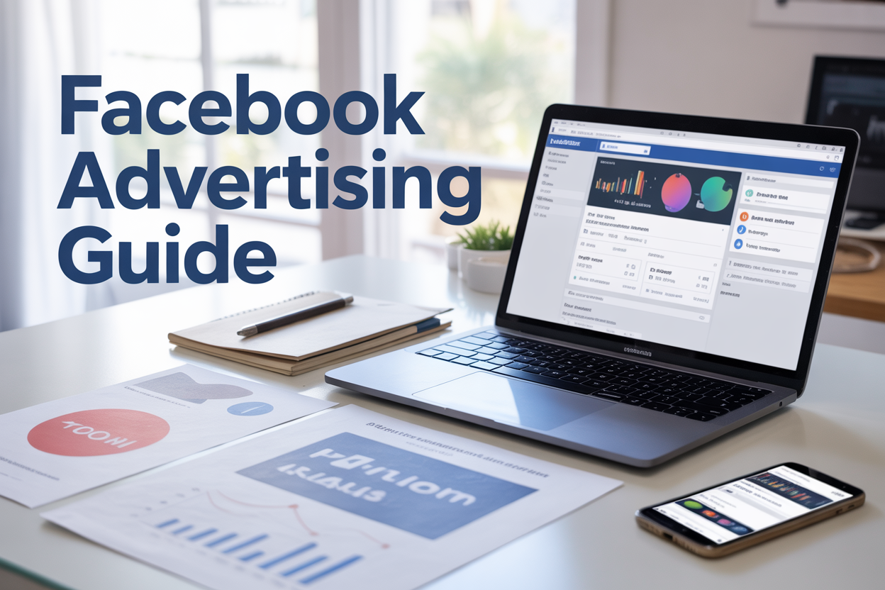 Create a realistic image of a modern workspace scene featuring a laptop displaying the Facebook Ads Manager interface with colorful campaign analytics and targeting options visible on screen, surrounded by marketing materials including charts, graphs, and a smartphone showing Facebook mobile ads, with a clean white desk surface, soft natural lighting from a nearby window, and the text "Facebook Advertising Guide" prominently displayed in modern blue typography overlaying the top portion of the image.