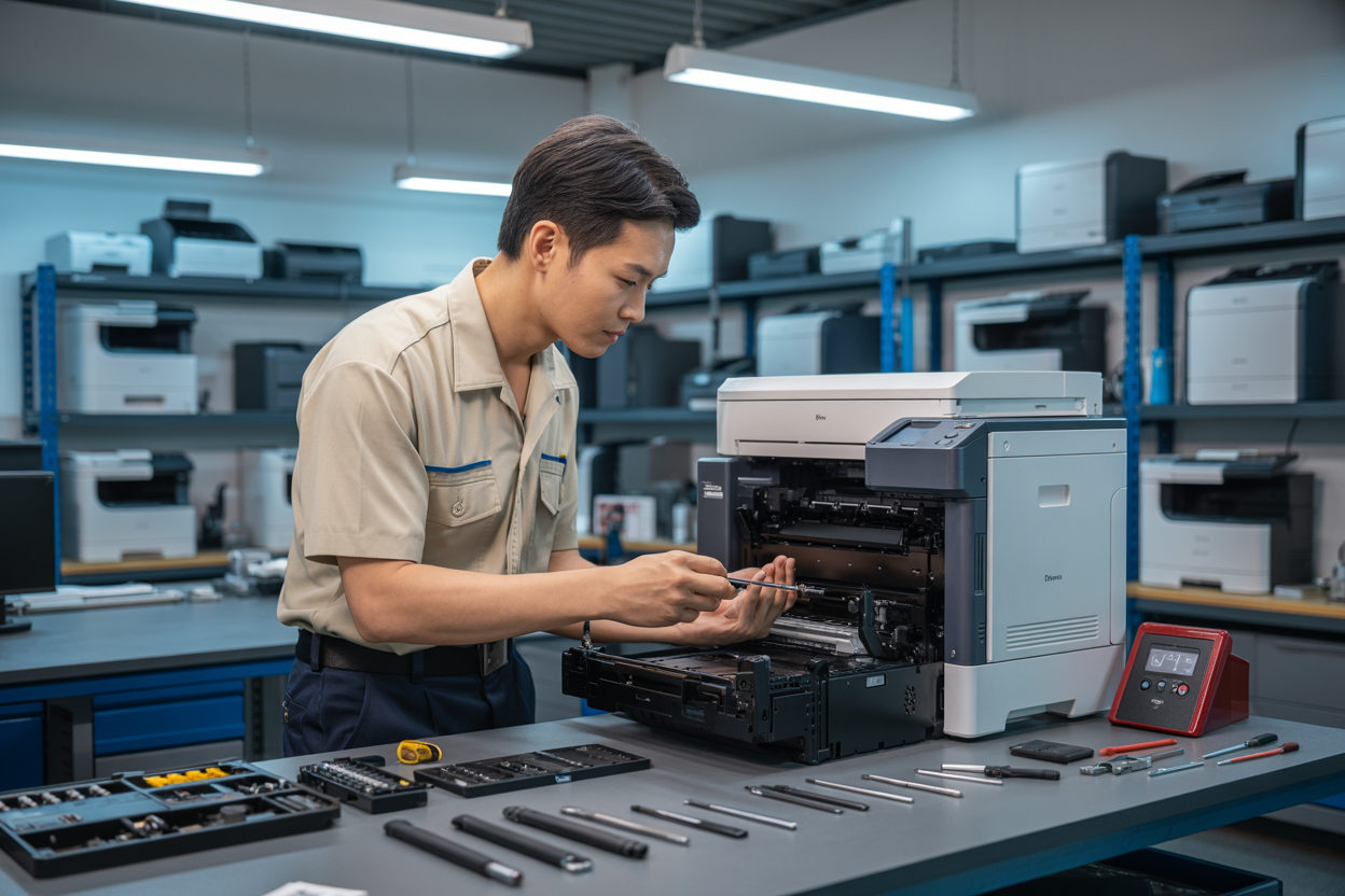 Hãy tạo một hình ảnh chân thực về một kỹ thuật viên nam người châu Á chuyên nghiệp trong bộ đồng phục sạch sẽ đang sửa chữa một máy in văn phòng hiện đại trong một cửa hàng sửa chữa sáng sủa, với các bộ phận máy in và dụng cụ chẩn đoán được sắp xếp gọn gàng trên bàn làm việc, các kệ trưng bày các mẫu máy in khác nhau ở phía sau, ánh sáng đèn huỳnh quang rực rỡ tạo nên bầu không khí xưởng làm việc chuyên nghiệp, người kỹ thuật viên đang tập trung kiểm tra các bộ phận bên trong máy in bằng các dụng cụ chính xác trong tay, thể hiện chuyên môn và tính chuyên nghiệp trong dịch vụ sửa chữa máy in. Tuyệt đối KHÔNG được có bất kỳ văn bản nào trong cảnh này.