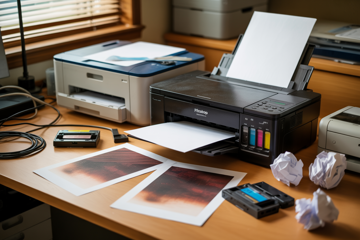 Hãy tạo một hình ảnh chân thực về một bàn làm việc bừa bộn trong văn phòng, thể hiện nhiều vấn đề về máy in, bao gồm máy in phun để bàn bị kẹt giấy, giấy bị kẹt lộ rõ, các trang in nằm rải rác với vết mực lem và chữ mờ, hộp mực rỗng nằm cạnh máy in, những mẩu giấy vo tròn và các bộ phận máy in khác như khay giấy và dây cáp được sắp xếp hơi lộn xộn, với ánh sáng ấm áp từ cửa sổ gần đó, thể hiện các sự cố máy in thường gặp và các tình huống khắc phục sự cố. Tuyệt đối KHÔNG được có bất kỳ văn bản nào trong cảnh này.