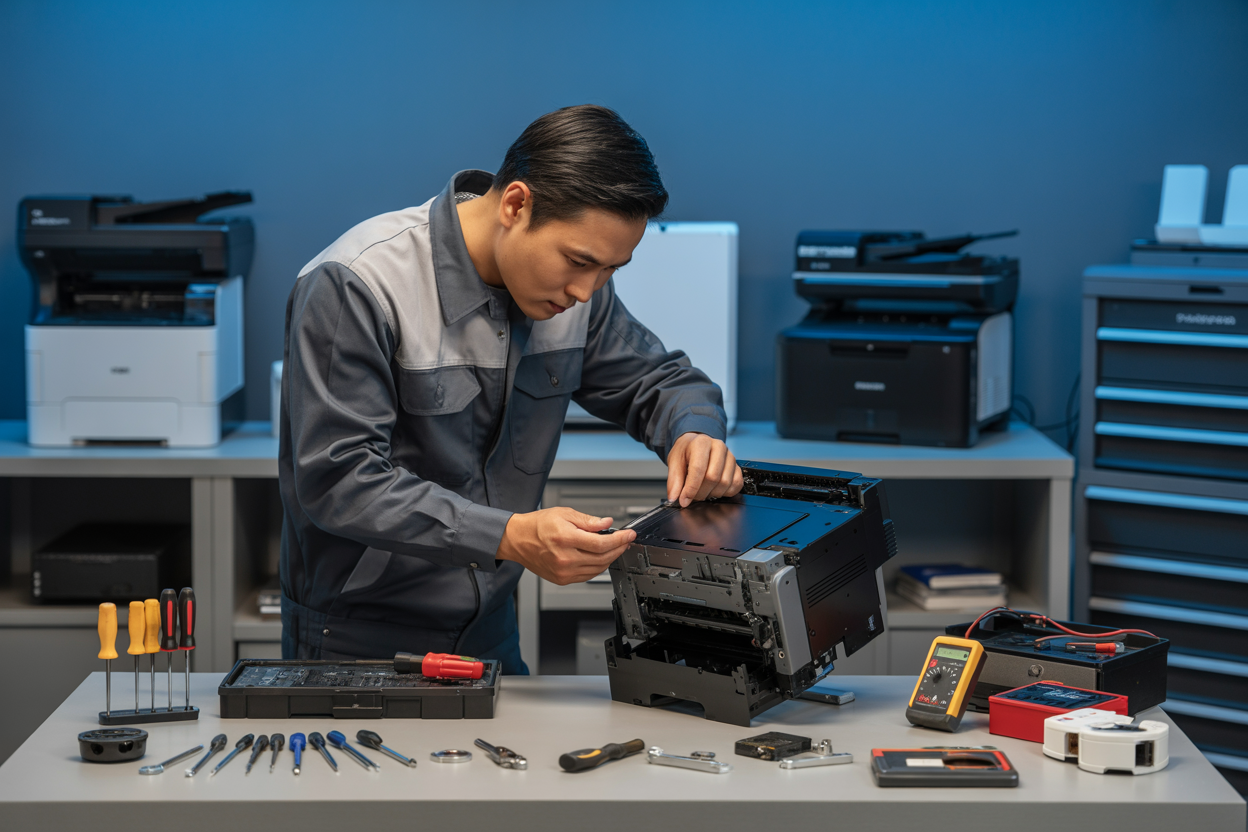 Hãy tạo một hình ảnh chân thực về một kỹ thuật viên nam người châu Á mặc đồng phục đang cẩn thận kiểm tra và sửa chữa máy in để bàn trên một bàn làm việc sạch sẽ, xung quanh là các dụng cụ sửa chữa được sắp xếp gọn gàng bao gồm tua vít, đồng hồ vạn năng và các phụ tùng máy in dự phòng, với ánh sáng thích hợp chiếu sáng khu vực làm việc, thể hiện môi trường dịch vụ sửa chữa máy in chuyên nghiệp với các máy in khác có thể nhìn thấy ở phía sau, thể hiện cách tiếp cận có hệ thống và chuyên nghiệp trong việc bảo trì và khắc phục sự cố máy in. Tuyệt đối KHÔNG được có bất kỳ văn bản nào trong cảnh này.
