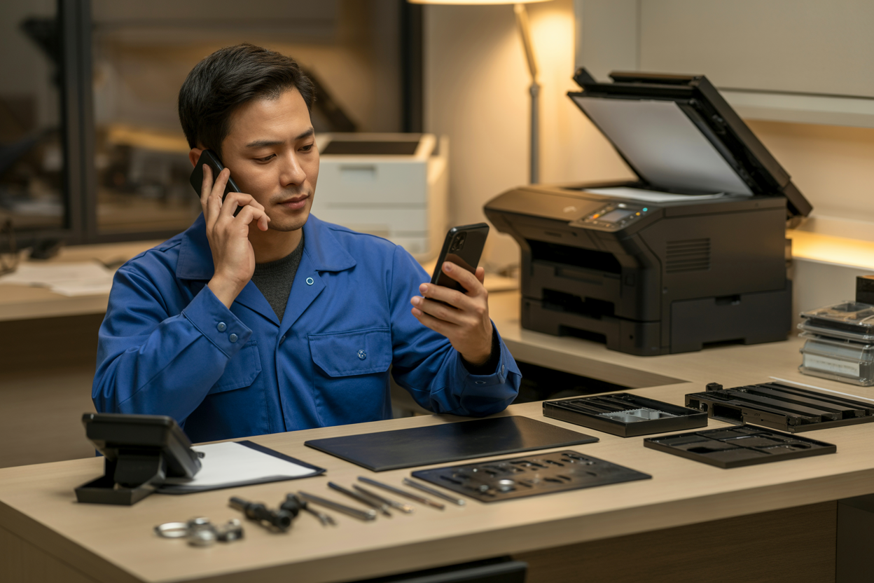 Hãy tạo một hình ảnh chân thực về một kỹ thuật viên nam người châu Á mặc đồng phục làm việc màu xanh lam, đang ngồi tại một bàn làm việc hiện đại, tay cầm điện thoại thông minh, dường như đang nhận cuộc gọi dịch vụ, trên mặt bàn có sắp xếp gọn gàng các bộ phận máy in và dụng cụ sửa chữa, phía sau là một chiếc máy in bị hỏng, ánh sáng văn phòng ấm áp tạo nên bầu không khí chuyên nghiệp, thể hiện sự hiệu quả và sẵn sàng phục vụ khách hàng, tuyệt đối KHÔNG được có bất kỳ văn bản nào trong cảnh này.