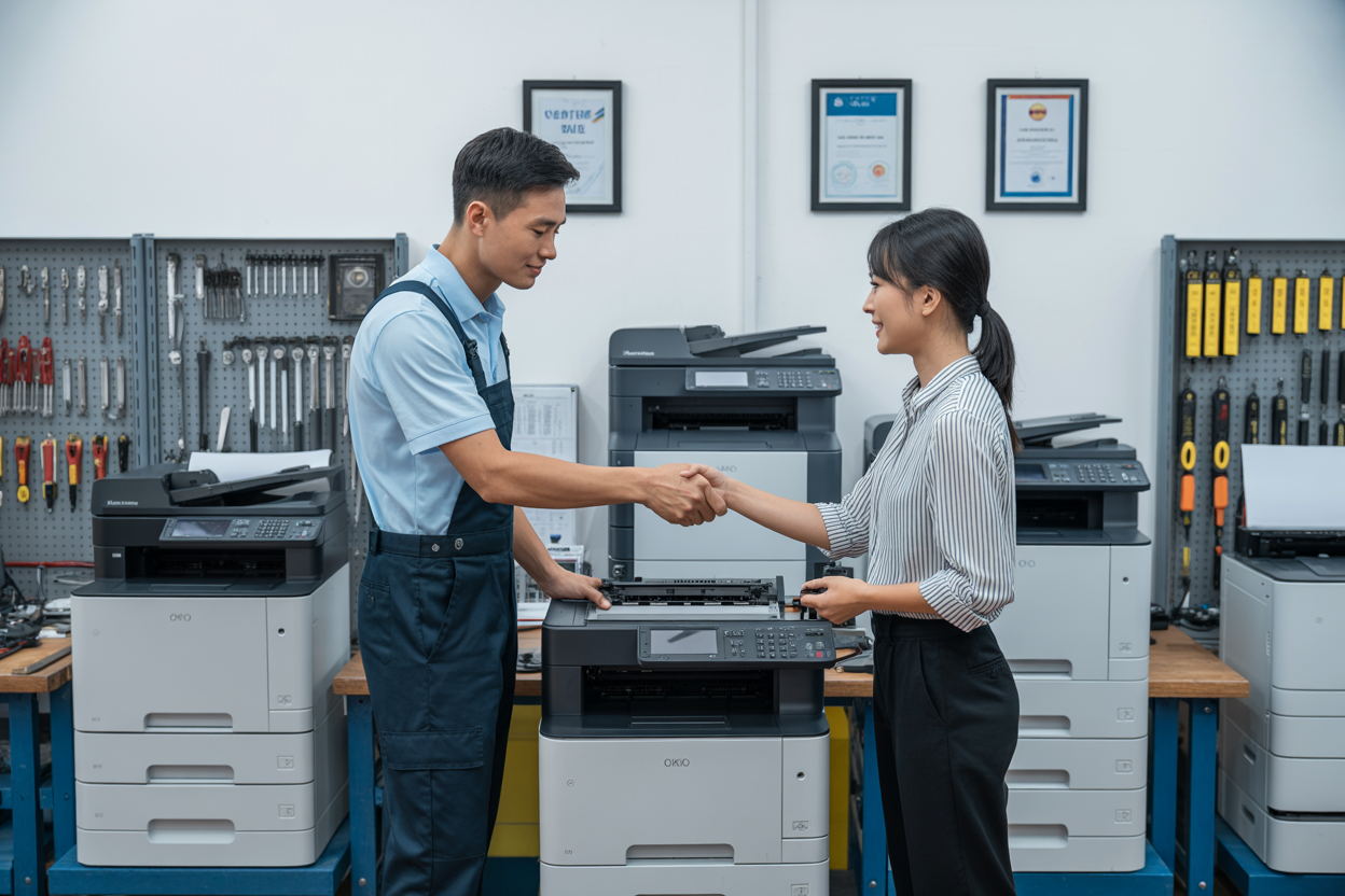 Hãy tạo một hình ảnh chân thực về nội thất một cửa hàng sửa chữa máy in sạch sẽ, hiện đại, với một kỹ thuật viên nam người Việt mặc đồng phục đang hoàn thành việc sửa chữa máy in một cách thành công, nhiều máy in các loại khác nhau (máy in phun, máy in laser, máy in đa chức năng) được sắp xếp trên bàn làm việc, dụng cụ và thiết bị sửa chữa được bố trí gọn gàng, một khách hàng nữ người châu Á hài lòng đang bắt tay với kỹ thuật viên bên cạnh một chiếc máy in hoạt động tốt, ánh sáng chuyên nghiệp ấm áp, tông màu trắng và xanh sạch sẽ, các chứng chỉ và giải thưởng dịch vụ được trưng bày trên tường, thể hiện sự tin tưởng, tính chuyên nghiệp và sự hoàn thành dịch vụ thành công, tuyệt đối KHÔNG được có bất kỳ văn bản nào trong cảnh này.